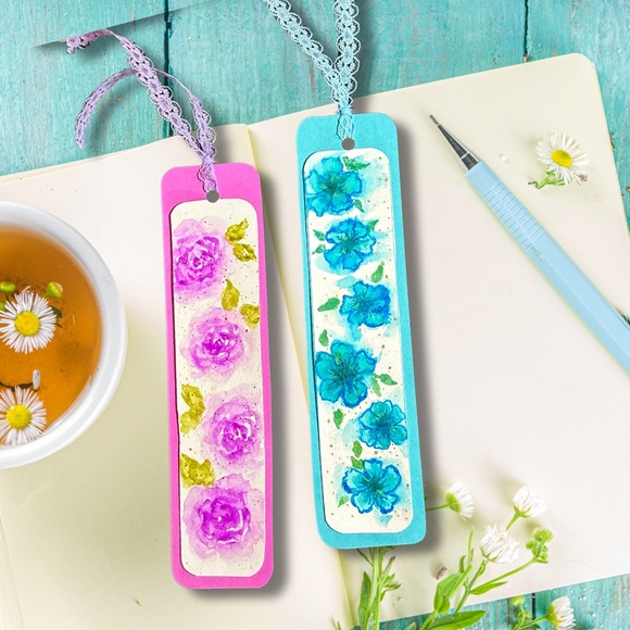 Hand Crafted Other - Handmade Set of 2 Hand Painted Floral Design Watercolor Pink and Blue Bookmarks